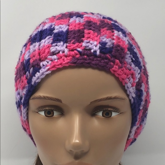 Slouchy winter beanie pink purple adult or teen New hand crochet by me #360 - Picture 2 of 5